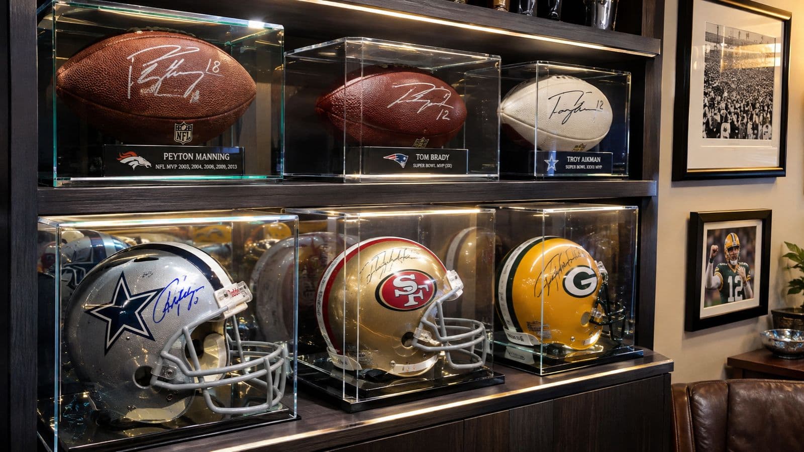 A football and a helmet on a shelf under warm display lighting, the mood of a memorabilia showcase